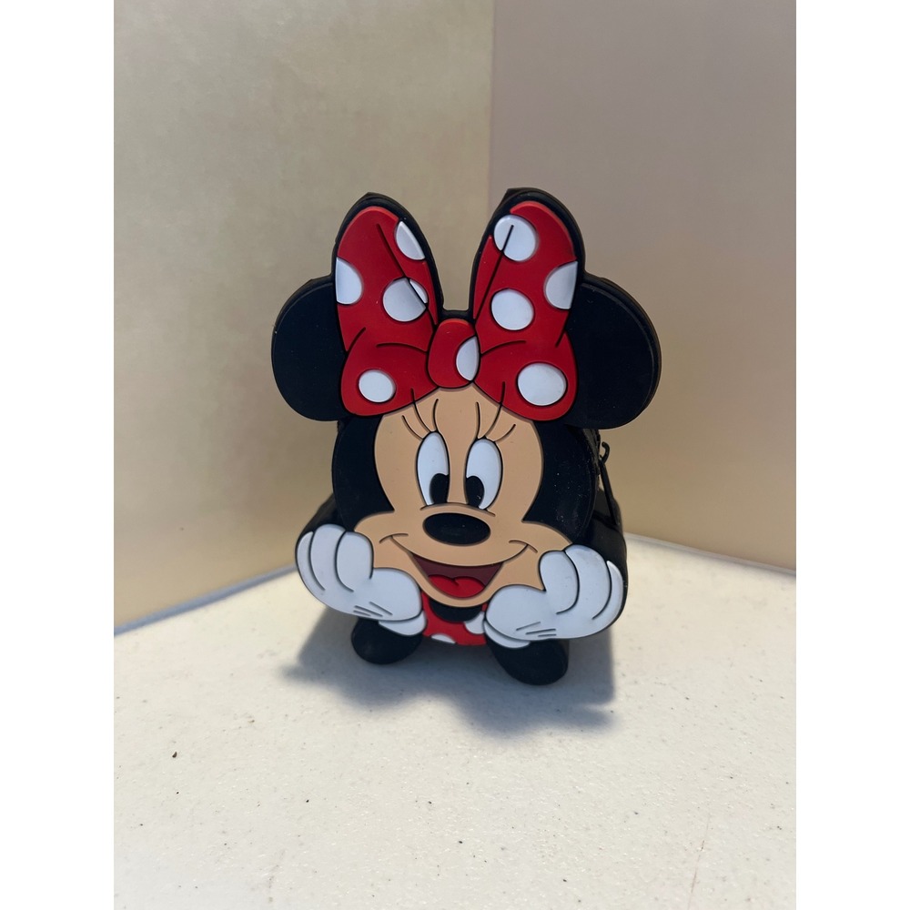 Disney Minnie Mouse Silicone Coin Purse Zipper Pouch Black Red Polka Dot Bow